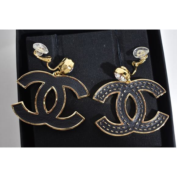 Chanel 23S XL Gold Black Crystal Clip On CC Logo Dangle Drop Statement Earrings - Picture 12 of 12